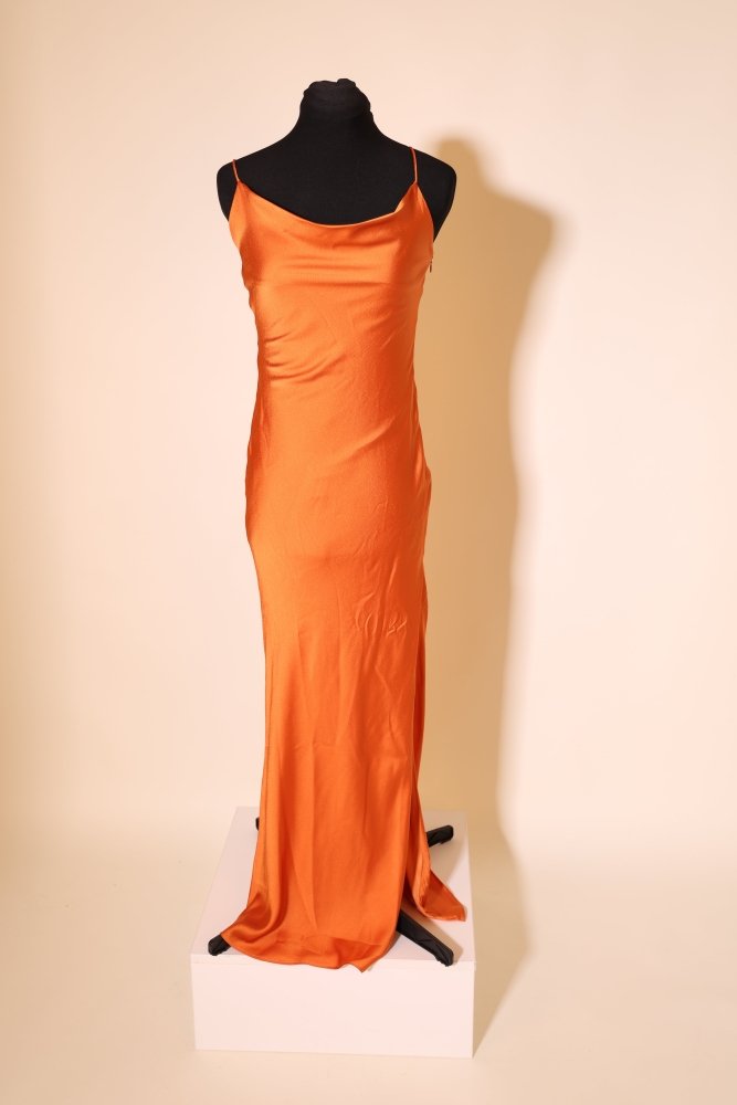 Second Hand figurbetontes, schlichtes Satinkleid mit Wasserfallausschnitt, orange - Dein Kleiderladen