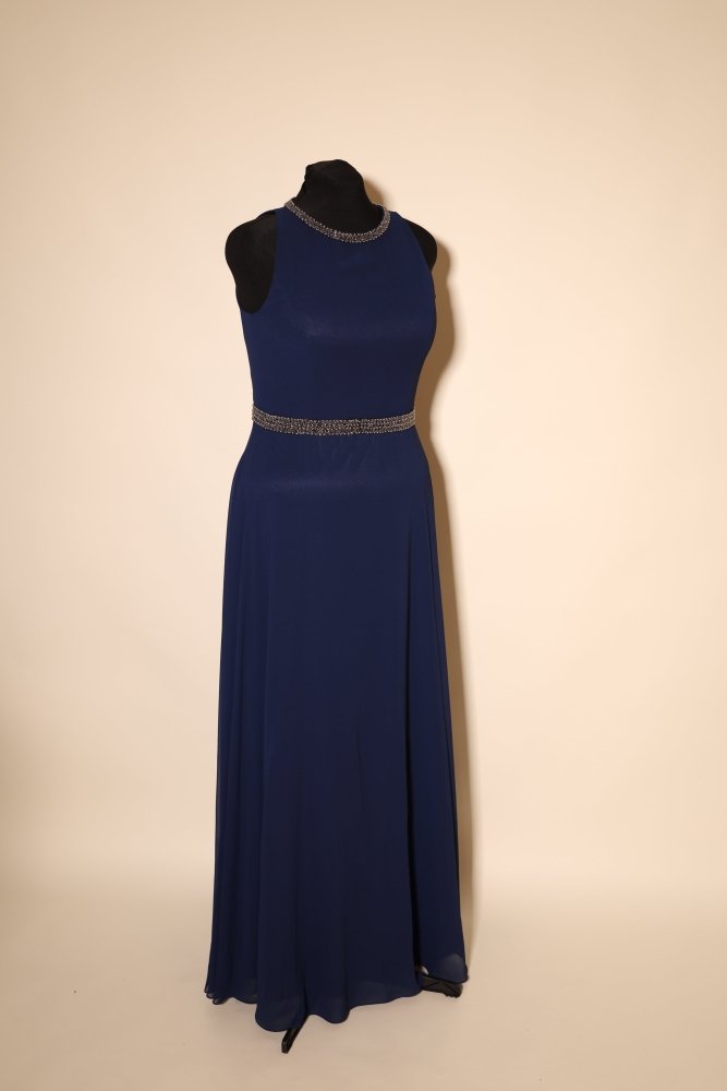Second Hand hochgeschlossenes Abendkleid mit funkelndem Kragen und fließendem Maxirock, dunkelblau - Dein Kleiderladen