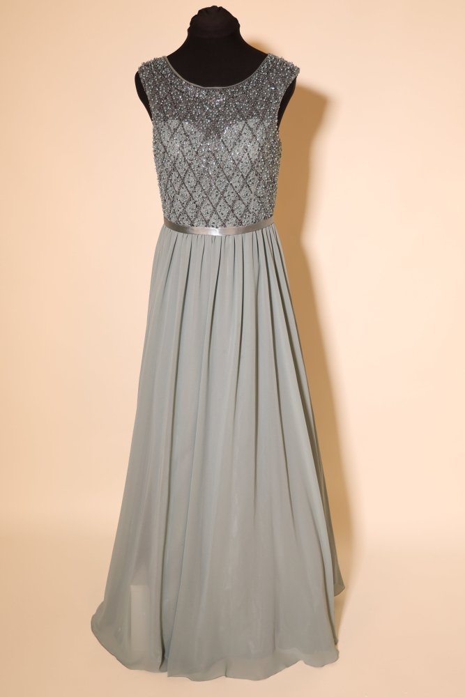 Second Hand hochgeschlossenes Chiffonkleid mit Perlen, grüngrau - Dein Kleiderladen