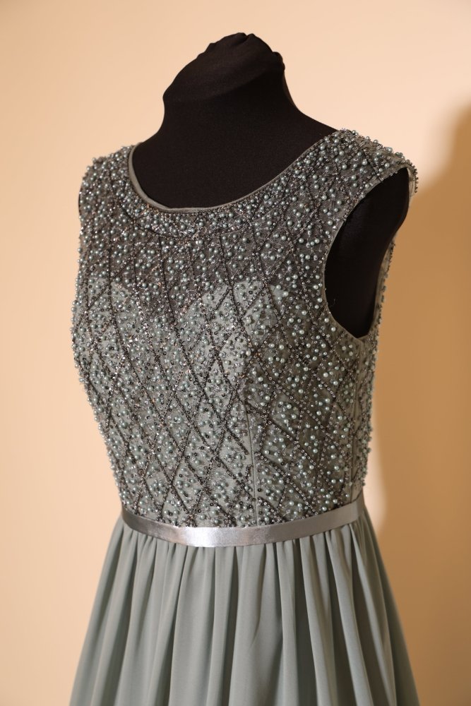 Second Hand hochgeschlossenes Chiffonkleid mit Perlen, grüngrau - Dein Kleiderladen