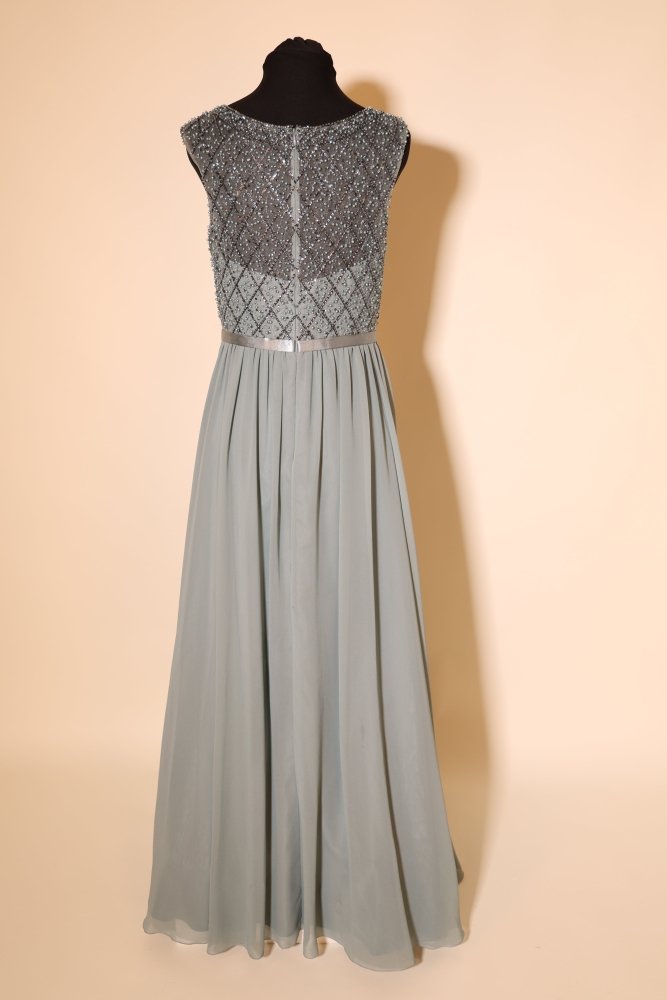 Second Hand hochgeschlossenes Chiffonkleid mit Perlen, grüngrau - Dein Kleiderladen