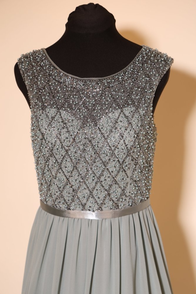 Second Hand hochgeschlossenes Chiffonkleid mit Perlen, grüngrau - Dein Kleiderladen