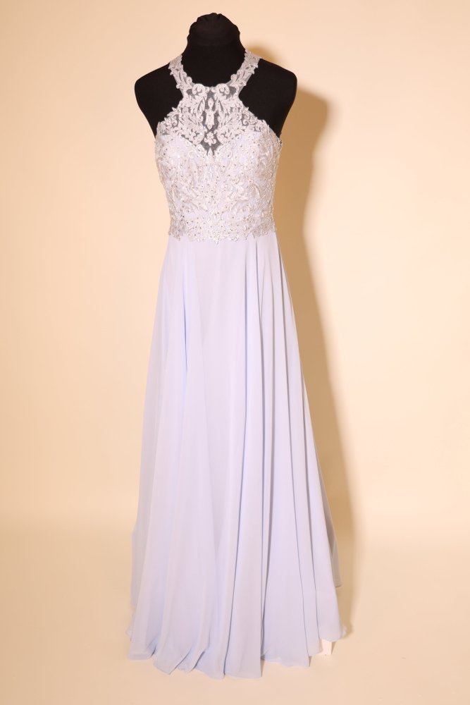 Second Hand hochgeschlossenes Chiffonkleid mit Rundrückenausschnitt, hellblau - Dein Kleiderladen