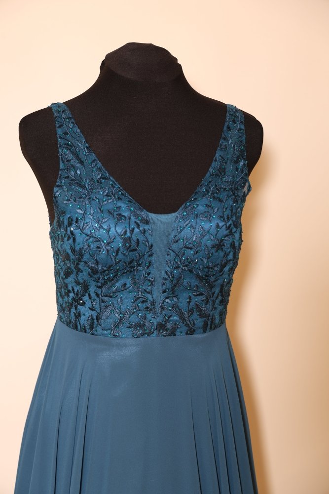 Second Hand langes Kleid mit floraler Spitze, petrol - Dein Kleiderladen