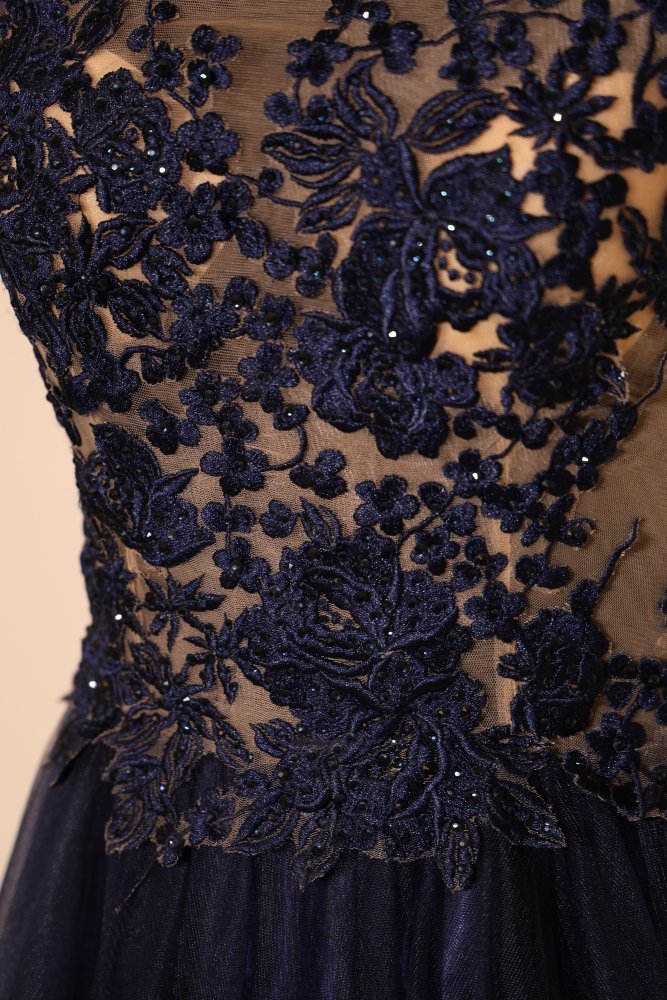Second Hand langes Tüllkleid mit rankender Blumenspitze, dunkelblau - Dein Kleiderladen