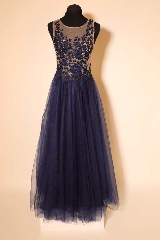 Second Hand langes Tüllkleid mit rankender Blumenspitze, dunkelblau - Dein Kleiderladen