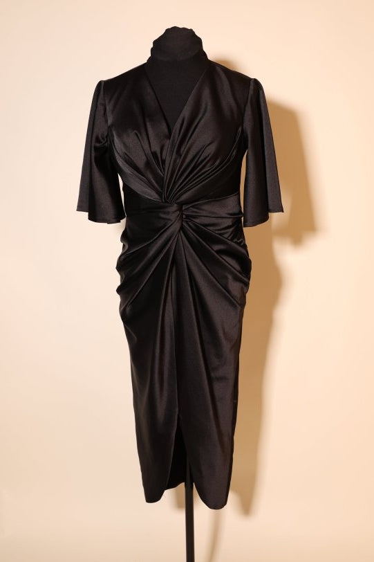 Second Hand Midi - Satinkleid mit eleganten Raffungen, schwarz - Dein Kleiderladen