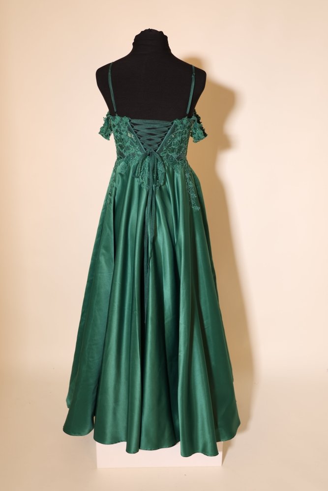Second Hand Off-shoulder Satinkleid mit Spitze und Schnürung, grün - Dein Kleiderladen