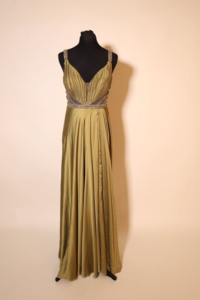 Second Hand Satinkleid mit eleganten Cutouts, kaki - Dein Kleiderladen