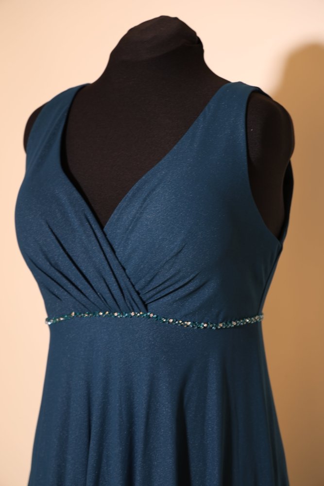 Second Hand schimmerndes Abendkleid mit Glitzergürtel, petrol - Dein Kleiderladen