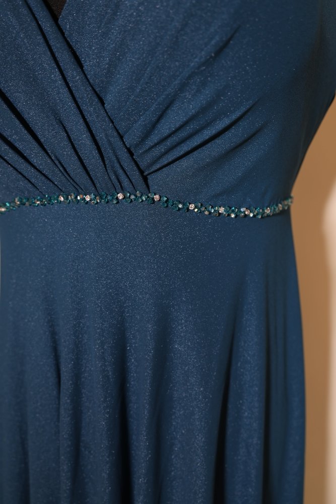 Second Hand schimmerndes Abendkleid mit Glitzergürtel, petrol - Dein Kleiderladen