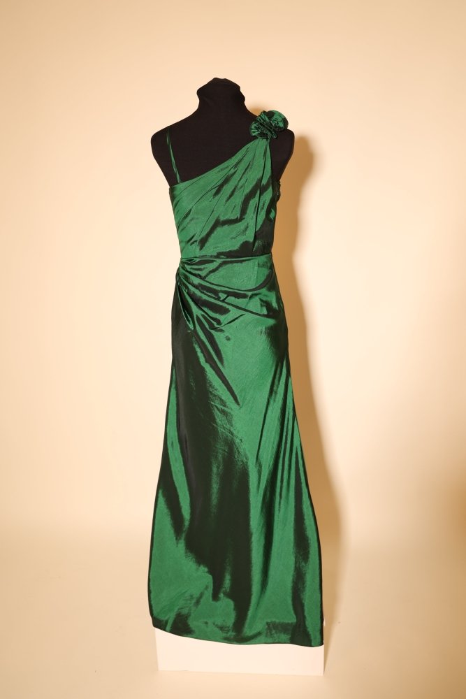 Second Hand schimmerndes One - Shoulder Satinkleid mit Blumenträger, grün - Dein Kleiderladen