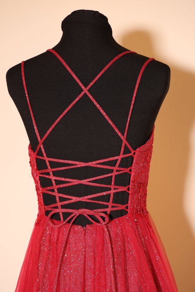 Second Hand Tüllkleid mit besonderer Schnürung und Glitzerrock, rot - Dein Kleiderladen