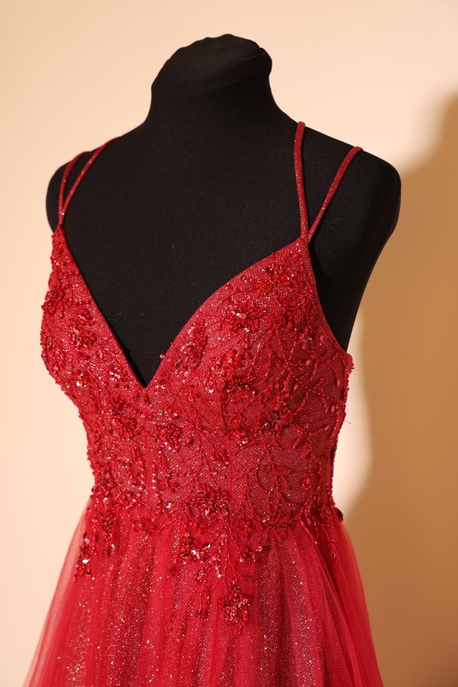 Second Hand Tüllkleid mit besonderer Schnürung und Glitzerrock, rot - Dein Kleiderladen