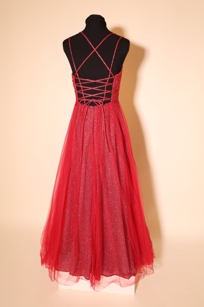 Second Hand Tüllkleid mit besonderer Schnürung und Glitzerrock, rot - Dein Kleiderladen