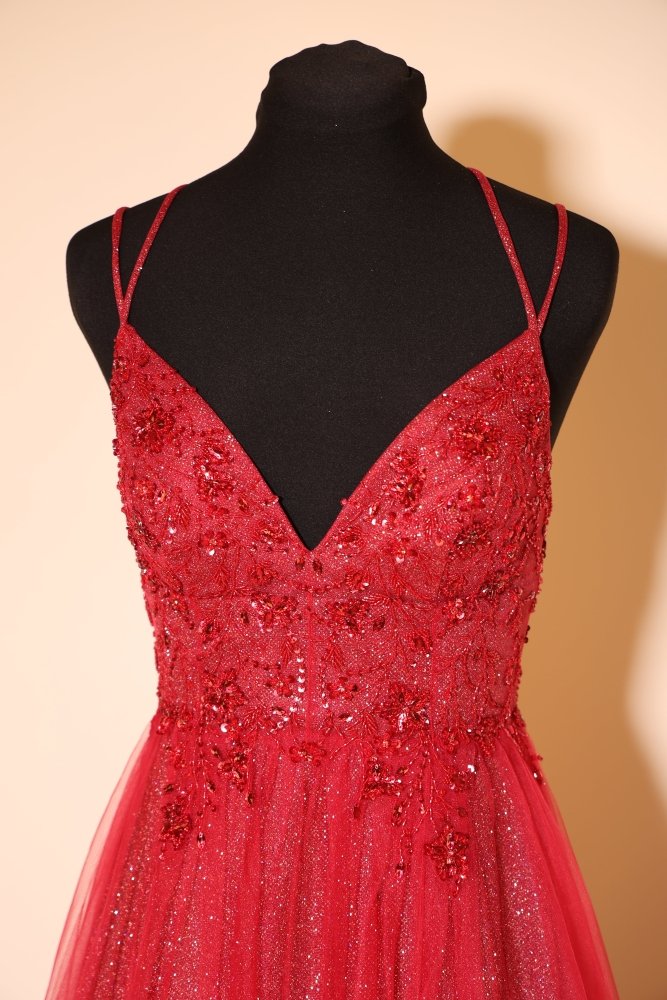 Second Hand Tüllkleid mit besonderer Schnürung und Glitzerrock, rot - Dein Kleiderladen