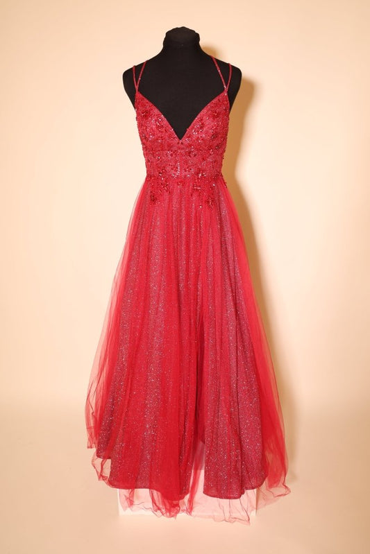 Second Hand Tüllkleid mit besonderer Schnürung und Glitzerrock, rot - Dein Kleiderladen