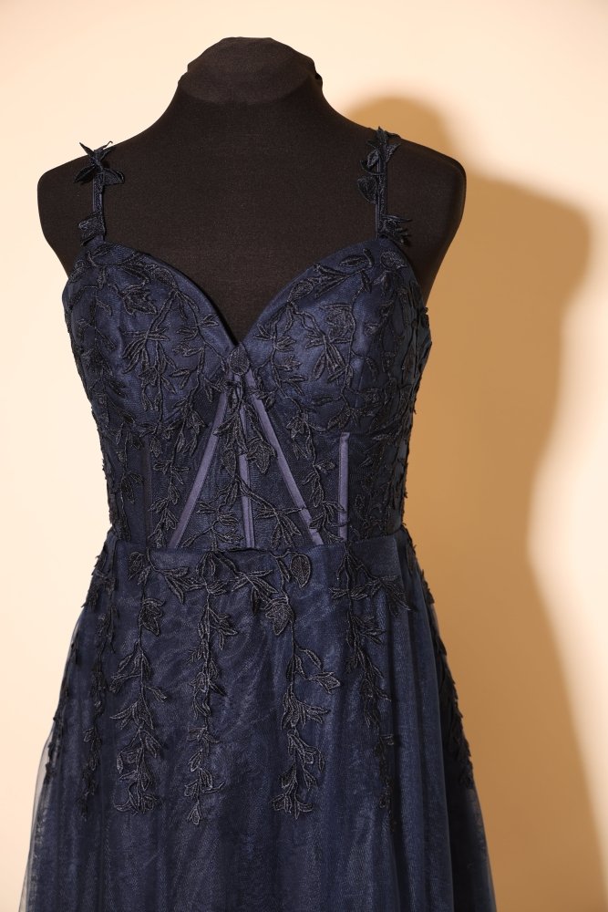 Second Hand Tüllkleid mit Corsage, Schnürung und Spitze, dunkelblau - Dein Kleiderladen