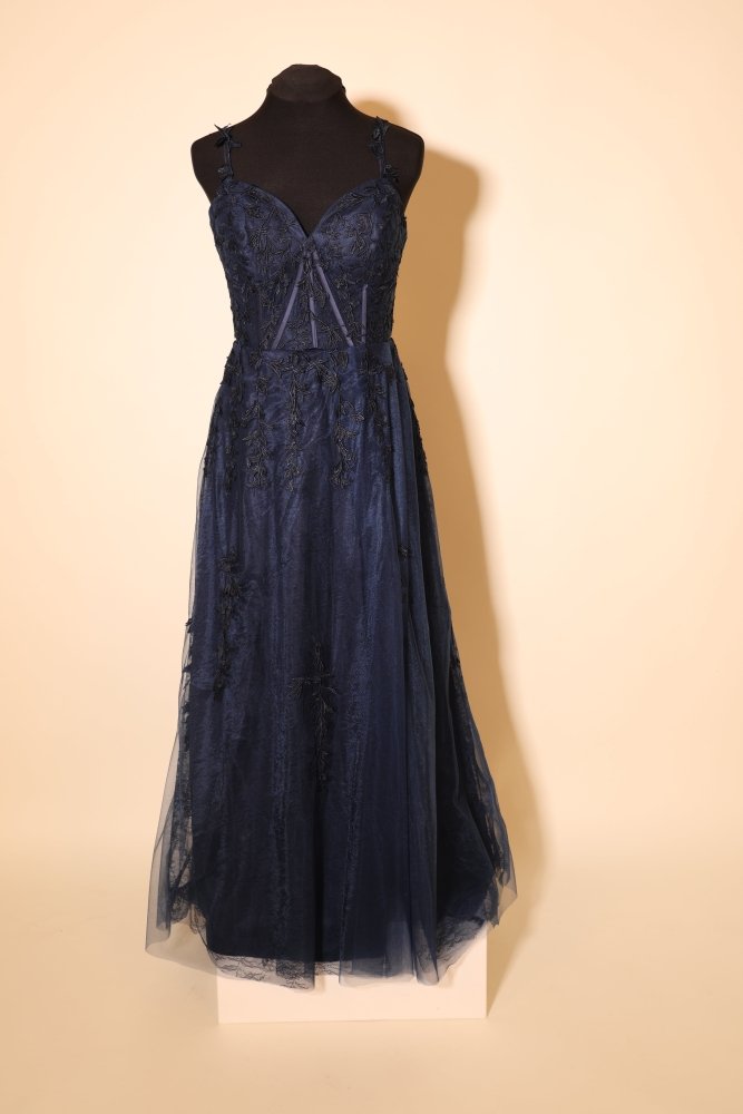 Second Hand Tüllkleid mit Corsage, Schnürung und Spitze, dunkelblau - Dein Kleiderladen
