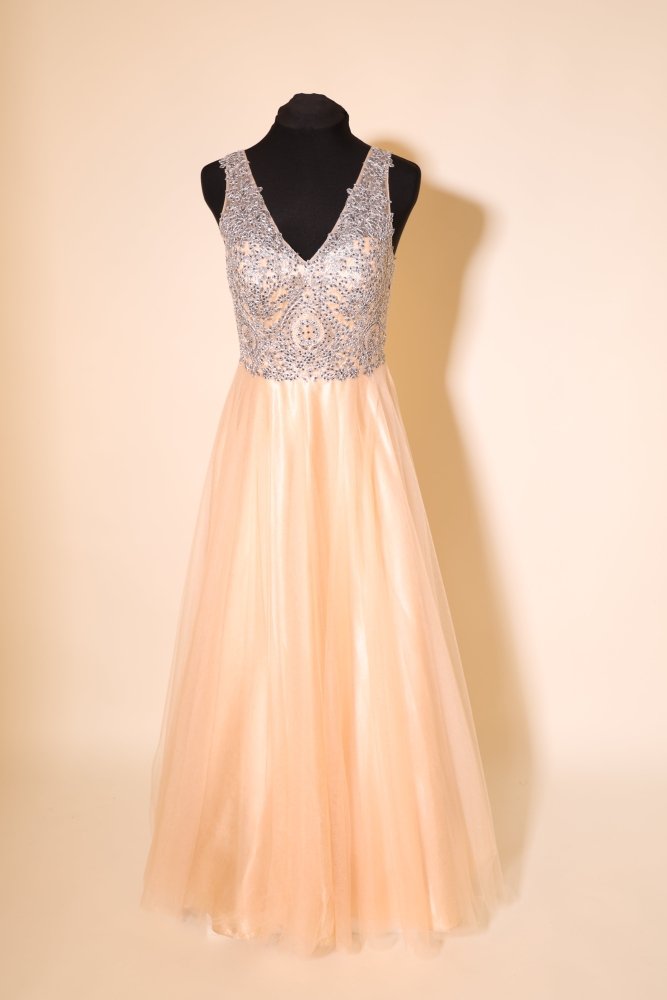 Second Hand Tüllkleid mit silberner Bestickung und V-Ausschnitt, champagner - Dein Kleiderladen