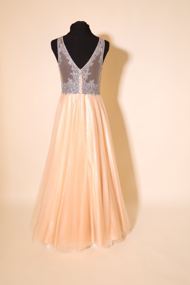 Second Hand Tüllkleid mit silberner Bestickung und V-Ausschnitt, champagner - Dein Kleiderladen