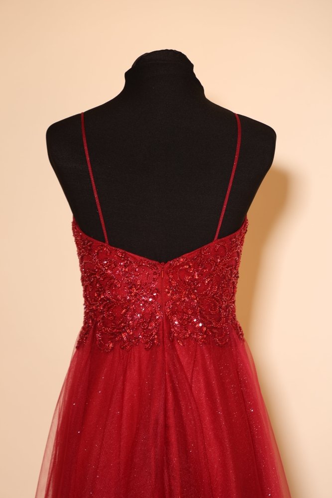 Second Hand Tüllkleid mit Spitze und V - Ausschnitt, dunkelrot - Dein Kleiderladen