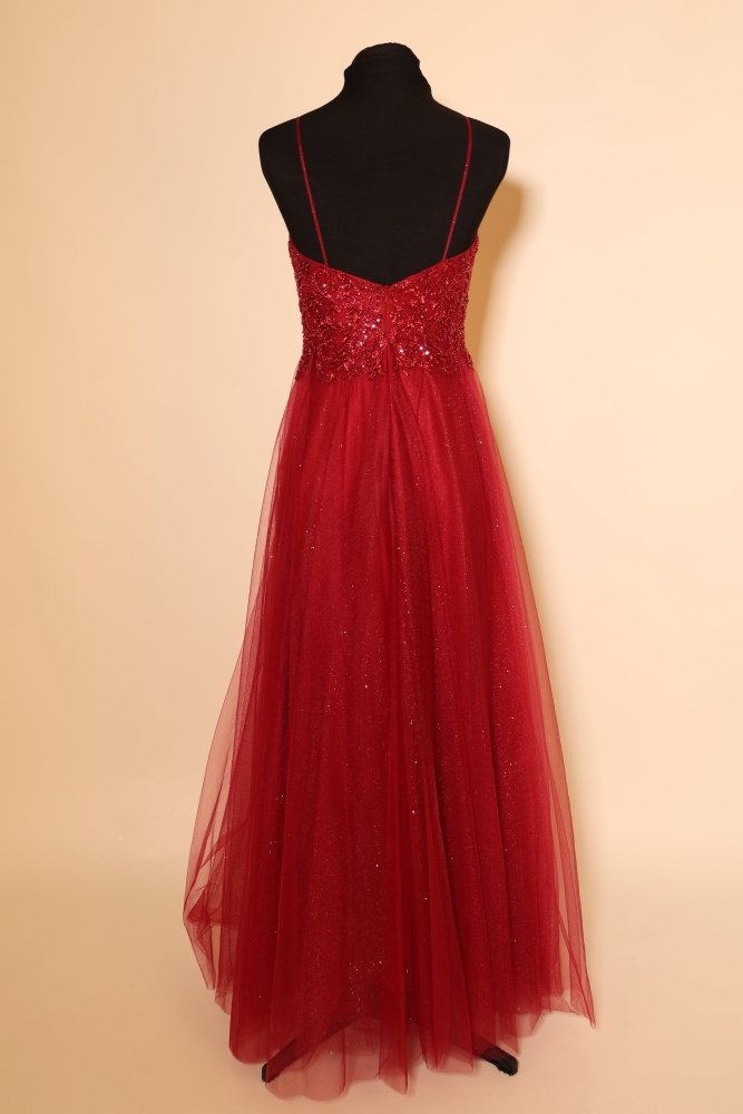 Second Hand Tüllkleid mit Spitze und V - Ausschnitt, dunkelrot - Dein Kleiderladen