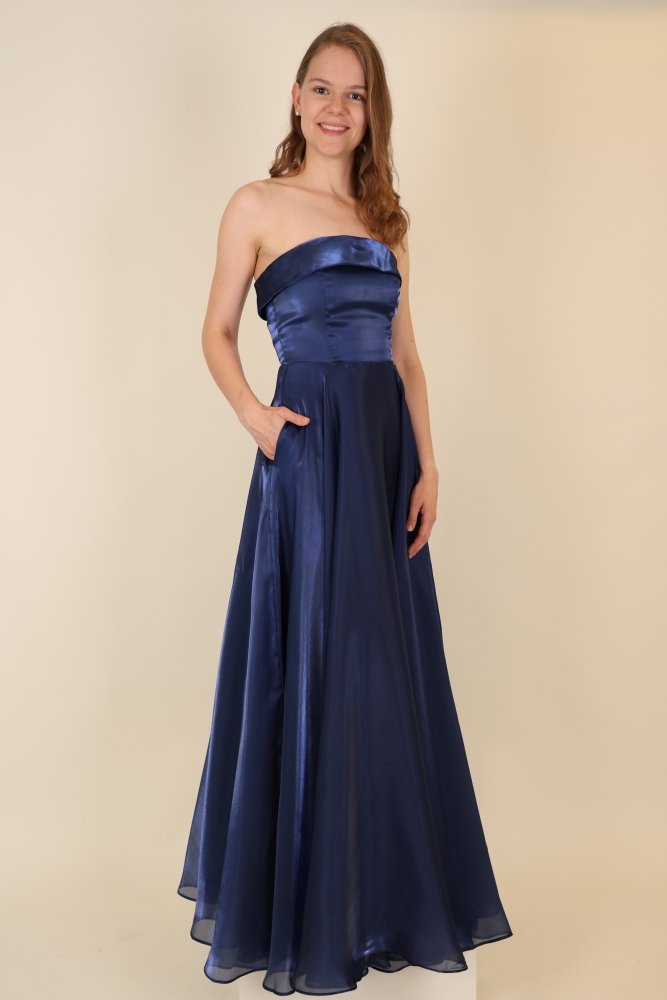 Trägerloses Abendkleid mit Rückenschnürung und Taschen, dunkelblau - Dein Kleiderladen