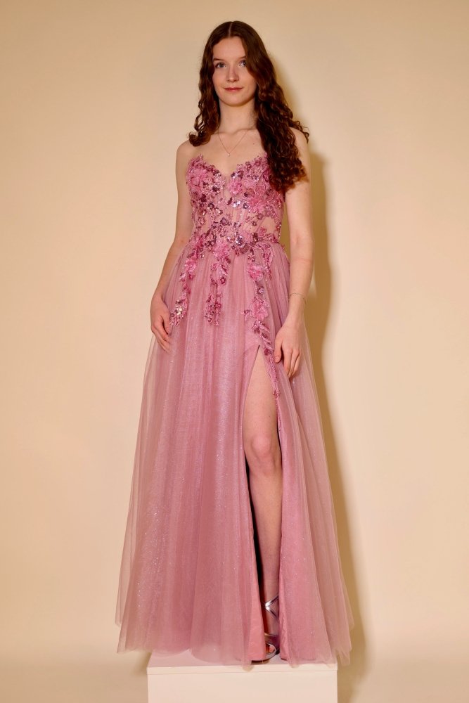 Tüllkleid mit langen Off - Shoulder - Tüllärmeln, Spitzenoberteil und Schnürung, altrosa - Dein Kleiderladen