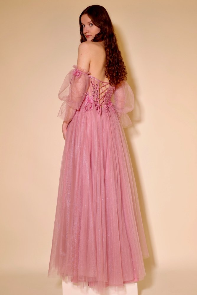 Tüllkleid mit langen Off - Shoulder - Tüllärmeln, Spitzenoberteil und Schnürung, altrosa - Dein Kleiderladen