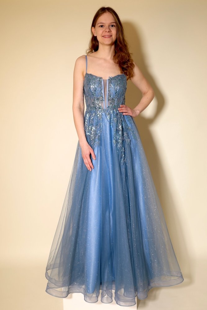 Tüllkleid mit tailliertem Spitzen - und Paillettenoberteil, lavendelblau - Dein Kleiderladen