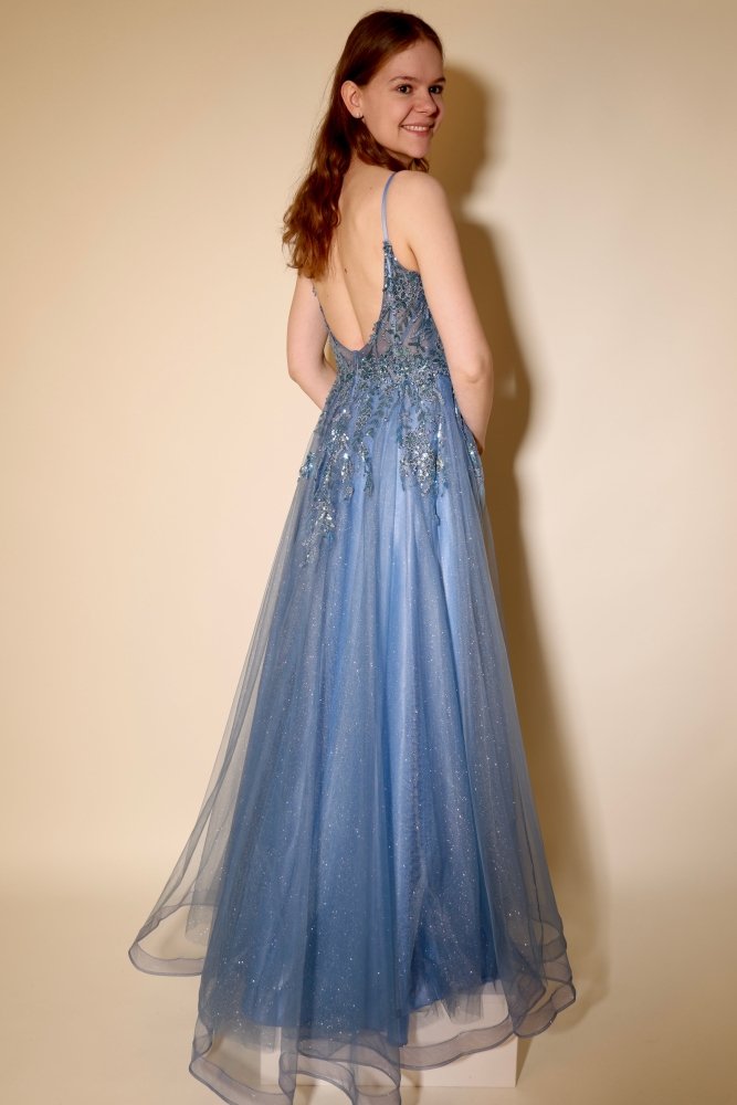 Tüllkleid mit tailliertem Spitzen - und Paillettenoberteil, lavendelblau - Dein Kleiderladen