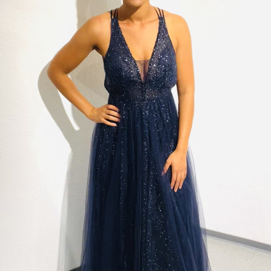 Langes Tüllkleid mit schimmerndem Unterstoff, marineblau - Dein Kleiderladen