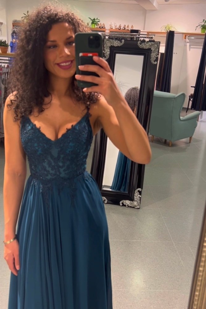 Ballkleid – elegantes langes Chiffonkleid mit feiner Spitze, petrol - Dein Kleiderladen