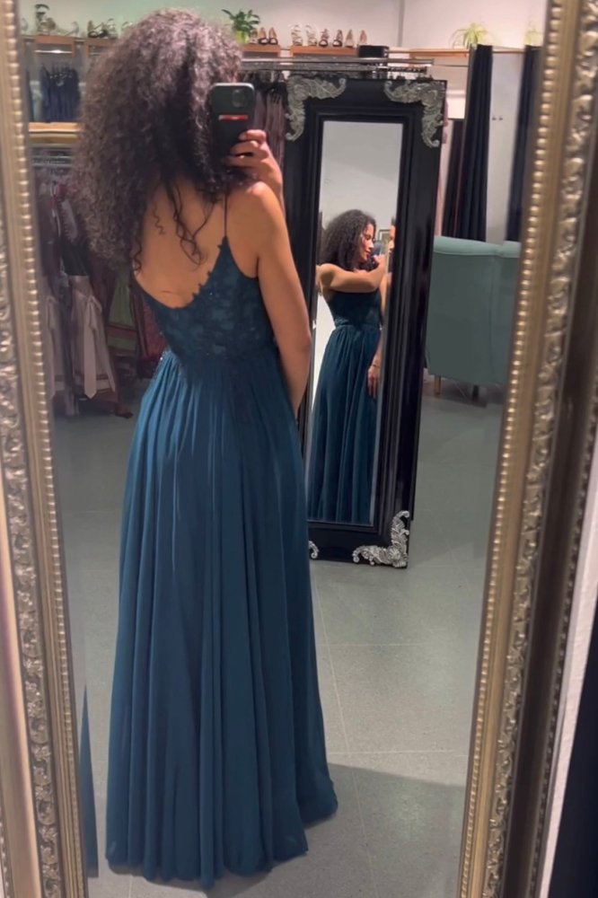 Ballkleid – elegantes langes Chiffonkleid mit feiner Spitze, petrol - Dein Kleiderladen