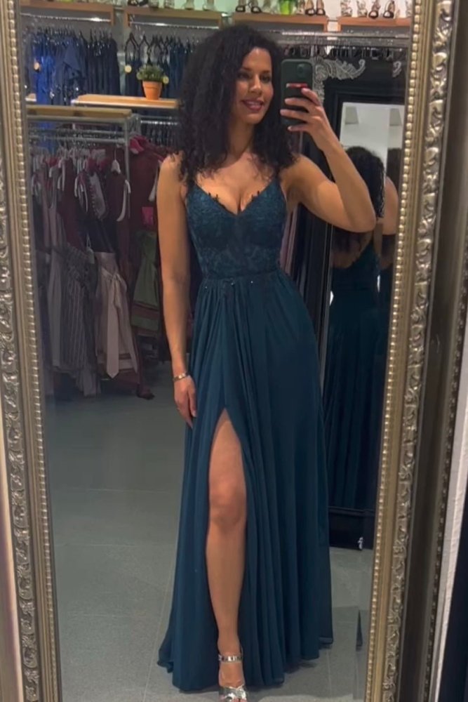 Ballkleid – elegantes langes Chiffonkleid mit feiner Spitze, petrol - Dein Kleiderladen