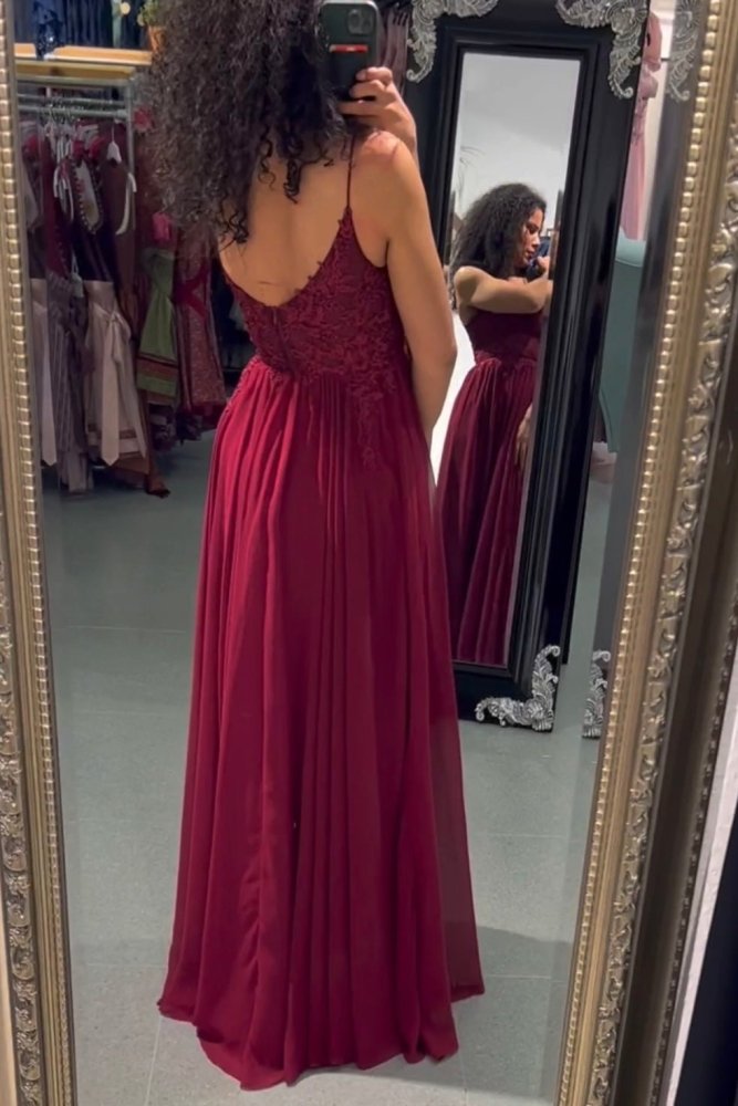 Ballkleid – elegantes langes Chiffonkleid mit feiner Spitze, bordeaux - Dein Kleiderladen