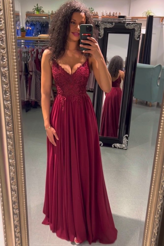 Ballkleid – elegantes langes Chiffonkleid mit feiner Spitze, bordeaux - Dein Kleiderladen