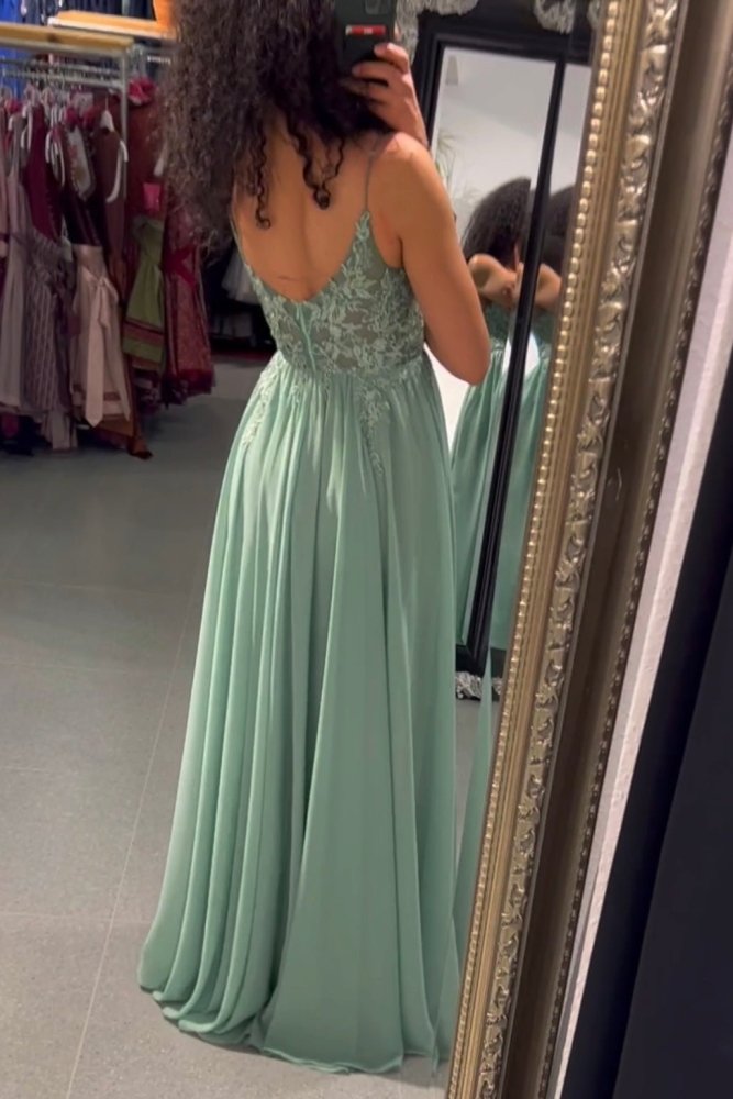 Ballkleid – elegantes langes Chiffonkleid mit feiner Spitze, hellgrün - Dein Kleiderladen