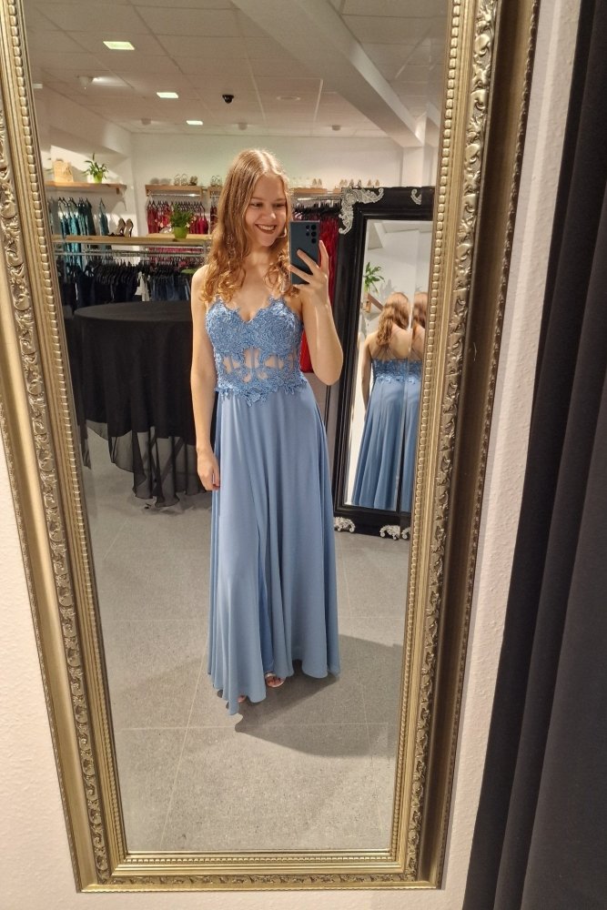 Ballkleid mit besticktem Korsett & Schlitz, graublau - Dein Kleiderladen