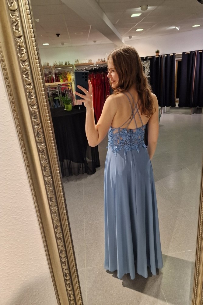 Ballkleid mit besticktem Korsett & Schlitz, graublau - Dein Kleiderladen