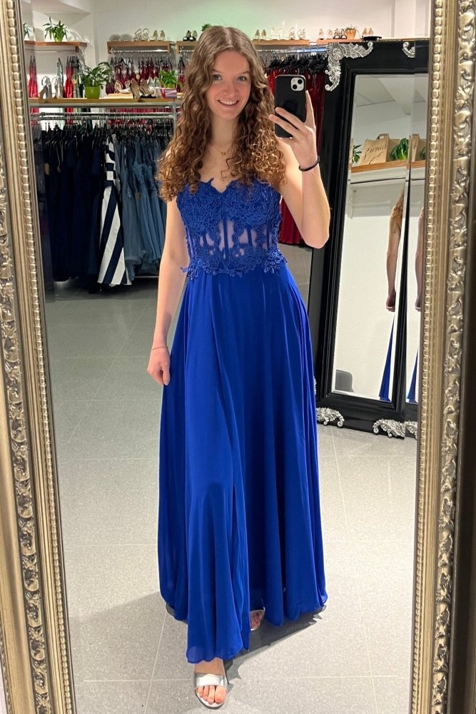 Ballkleid mit besticktem Korsett & Schlitz, königsblau - Dein Kleiderladen