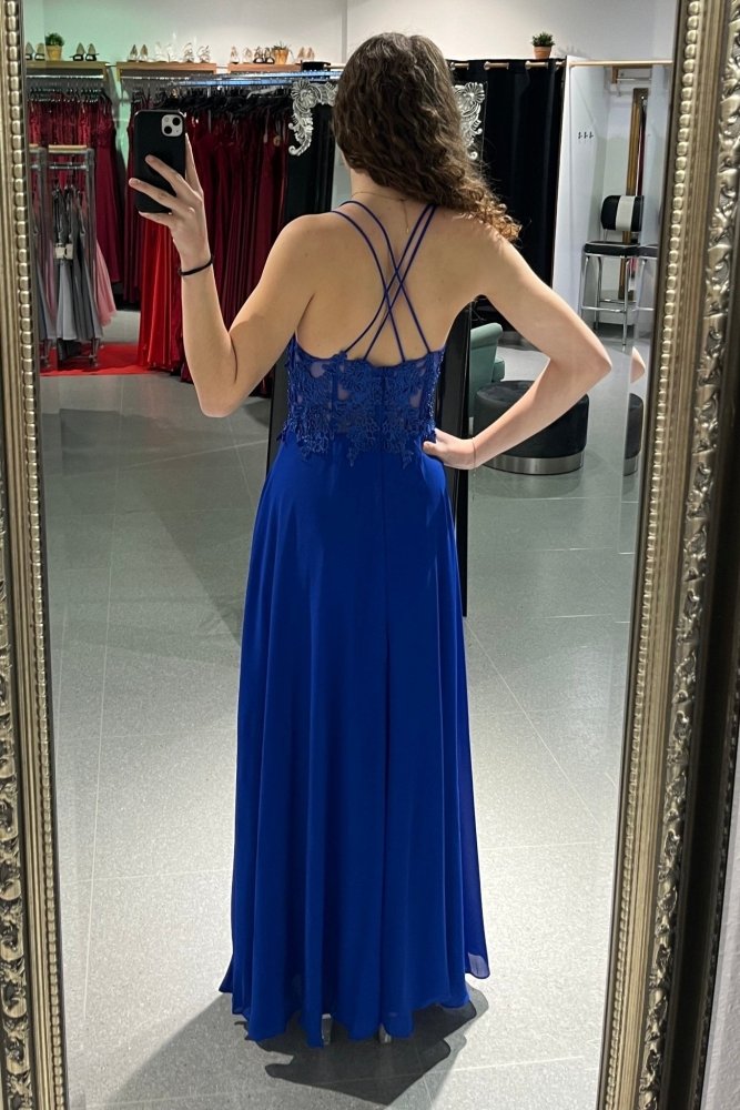 Ballkleid mit besticktem Korsett & Schlitz, königsblau - Dein Kleiderladen