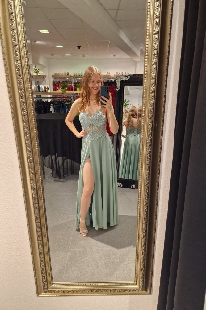 Ballkleid mit besticktem Korsett & Schlitz, mint - Dein Kleiderladen