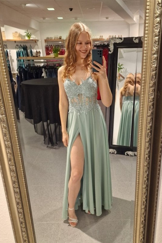 Ballkleid mit besticktem Korsett & Schlitz, mint - Dein Kleiderladen