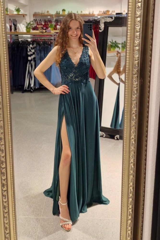Abendkleid mit Rundrückenausschnitt, Spitze & Schlitz, dunkelgrün - Dein Kleiderladen
