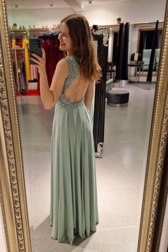 Abendkleid mit Rundrückenausschnitt, Spitze & Schlitz, mint - Dein Kleiderladen