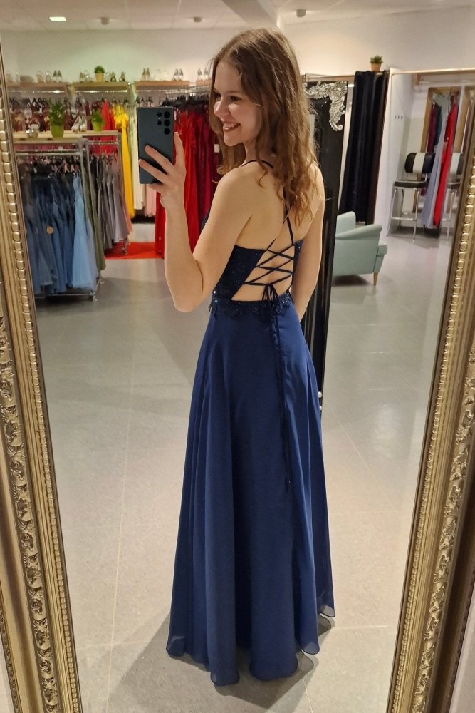 Abendkleid mit Spitze, Rückenschnürung & fließendem Rock, dunkelblau - Dein Kleiderladen