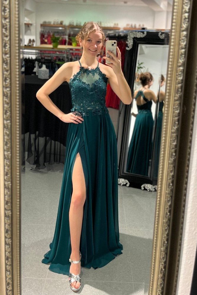 Abendkleid mit Spitzenoberteil, Neckholder & Schlitz, dunkelgrün - Dein Kleiderladen