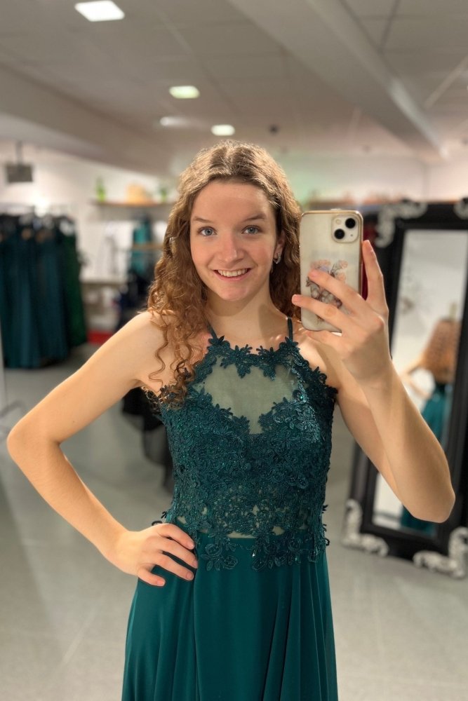 Abendkleid mit Spitzenoberteil, Neckholder & Schlitz, dunkelgrün - Dein Kleiderladen